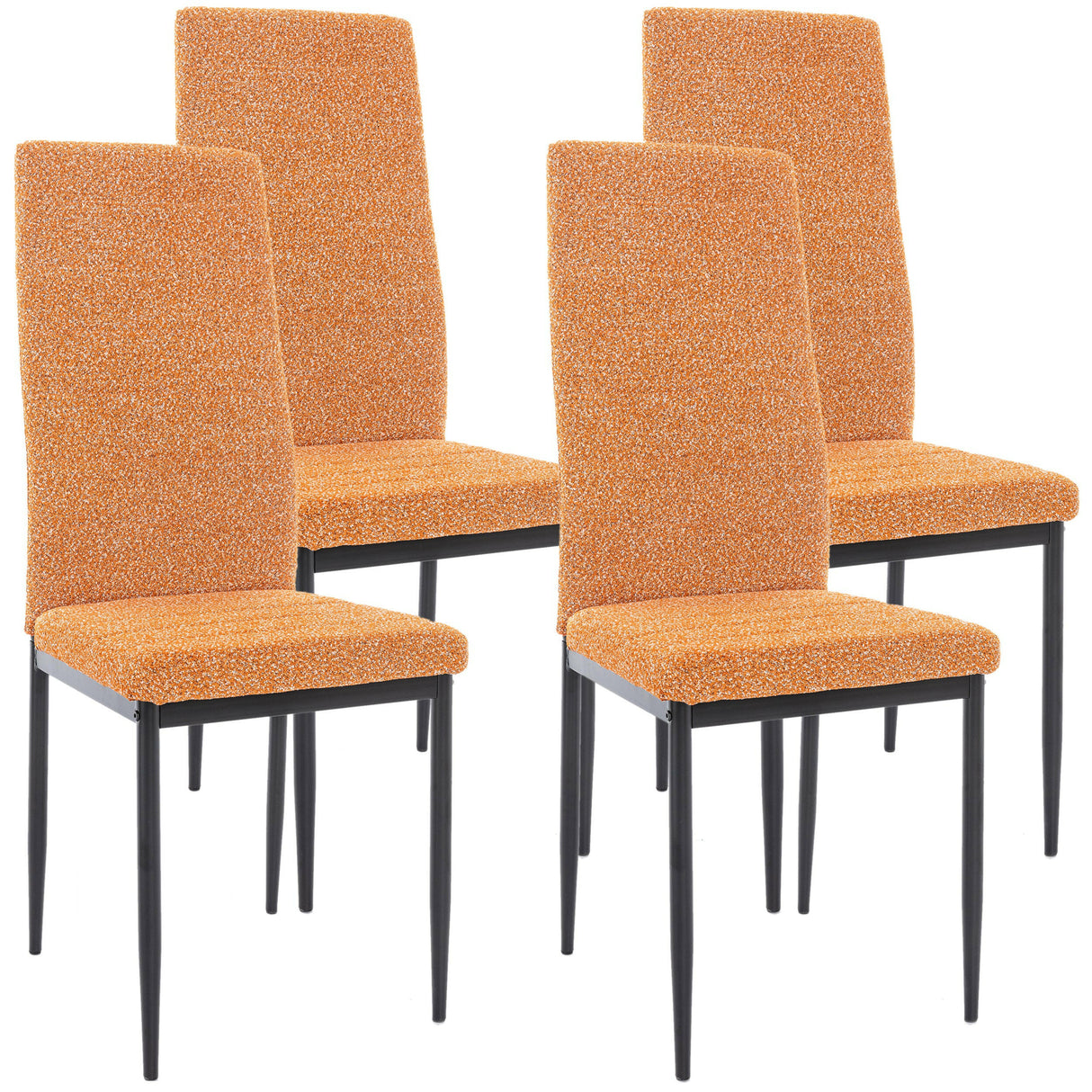 Dining chair set of 4 with bright orange textured upholstery and black metal legs for modern dining