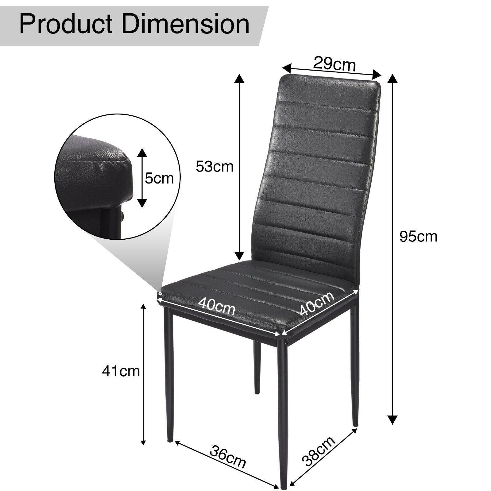 Dining chairs and table set with product dimensions, perfect for modern dining spaces.