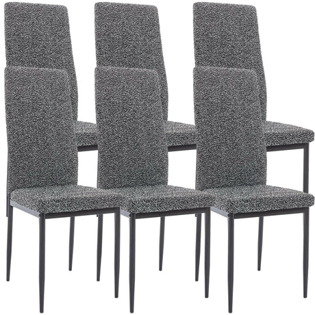 Dining chairs set with high backrest, textured grey fabric, and black metal legs.