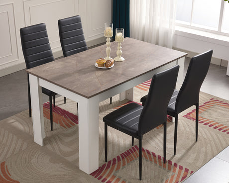 Dining room set with a stylish table and black chairs, designed for modern elegance and comfort.