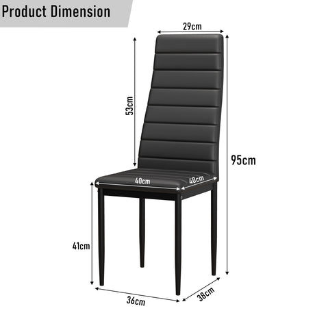 [4 Seater | Black] black PU dining chair photo annotated 95cm height, 53cm back, 40x40cm seat and 41cm legs