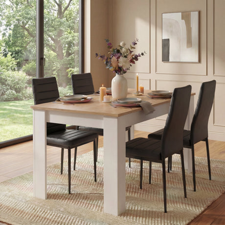 [4 Seater | Black] 4 seater dining set: oak top white frame table and four black tall-back chairs, vase on top