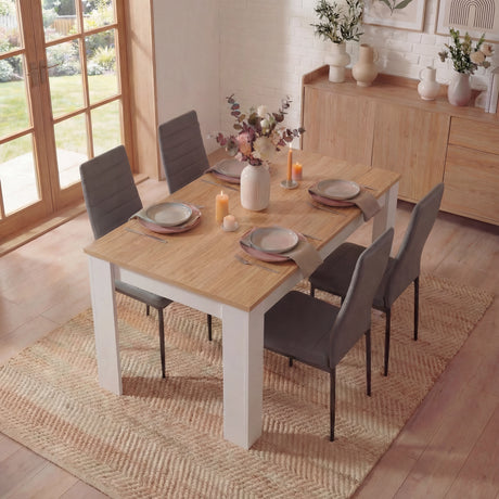 [4 Seater | Grey] 4 seater dining set viewed from above: oak top, white frame, four grey PU ribbed back chairs