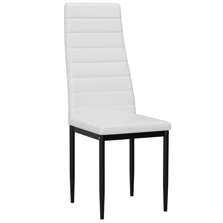 [4 Seater | White] white tall-back dining chair viewed straight on, padded seat and four pointed black metal feet