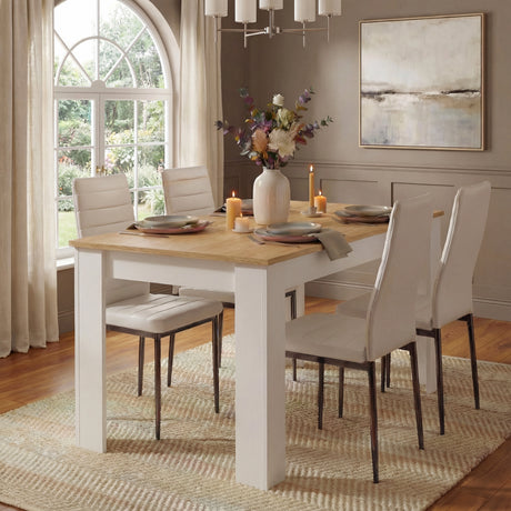 [4 Seater | White] 4 seater dining set lifestyle, white pine table and four white tall-back chairs, panelled wall