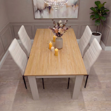 [4 Seater | White] white pine 4 seater dining set in panelled dining room with chandelier and vase centrepiece