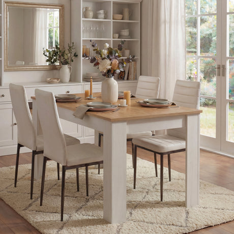 [4 Seater | White] four seater white pine dining table with four white PU chairs near pale sideboard and mirror
