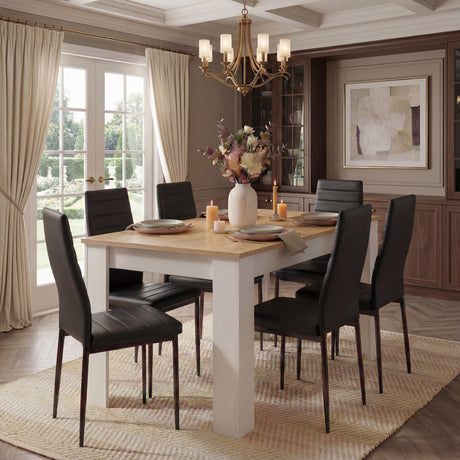[6 Seater | Black] black chair version of dining set: white pine table base, oak surface, six black ribbed-back chairs
