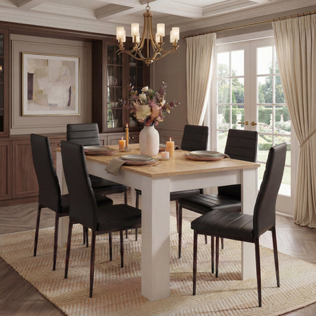 [6 Seater | Black] dining set with oak topped white pine table and six black PU chairs near long curtains