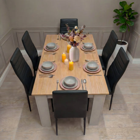[6 Seater | Black] white pine dining set with six black PU chairs around oak top viewed from raised angle