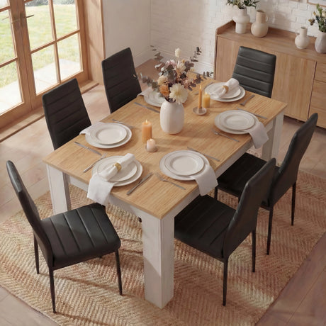 [6 Seater | Black] top-down dining set: oak table surface, white frame, six black PU chairs, four place settings