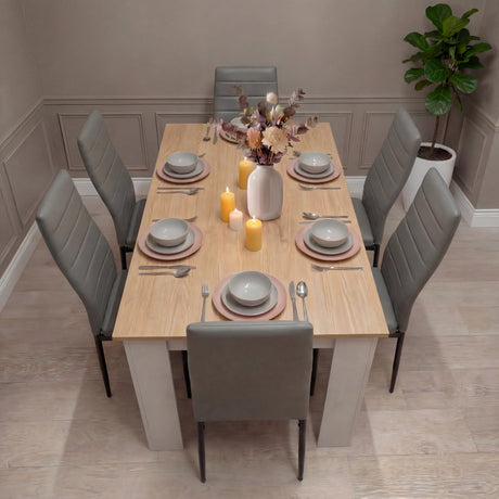[6 Seater | Grey] grey variant dining set with oak topped white pine table seating six in PU leather chairs