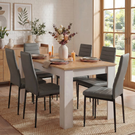 [6 Seater | Grey] dining set scene with white pine table, grey PU chairs, kitchen cabinetry behind
