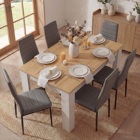 [6 Seater | Grey] aerial of six seater dining set with grey ribbed back chairs tucked under oak topped table