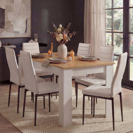 [6 Seater | White] dining set scene: white pine table seating six with white tall-back chairs near garden window