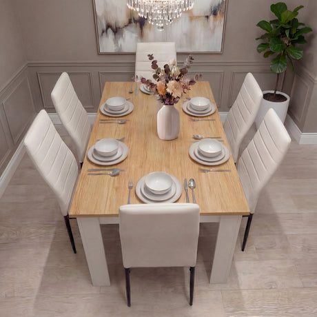 [6 Seater | White] dining set hero: rectangular oak topped white pine table with six white high-back chairs around it
