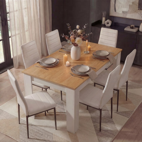 [6 Seater | White] overhead view of six seater white pine dining table laid for six with white tall-back PU chairs