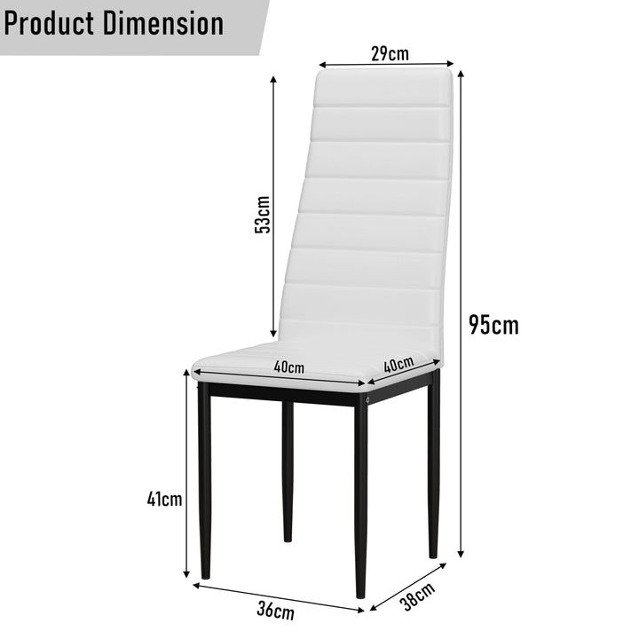 [4 Seater | White] white PU dining chair annotated 95cm height, 53cm back panel, 40x40cm seat and 41cm legs