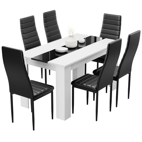 Modern 6 seater dining table set with black PU leather chairs and white table with black glass insert, perfect for stylish interiors.