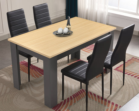 Dining table with a set of 4 grey chairs, perfect for a sleek and modern dining experience.