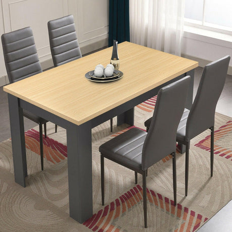 Oak dining table with grey chairs, a perfect combination of natural wood and modern style.