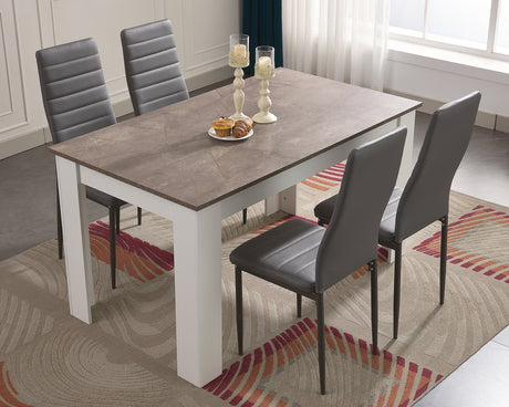 Dining table set with marble top and grey chairs, perfect for elegant dining rooms.