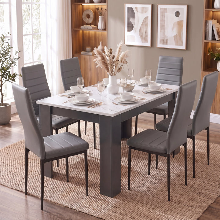 [6 Seater | Grey] large white marble dining table and 6 chairs in grey colour, styled with minimalist tableware