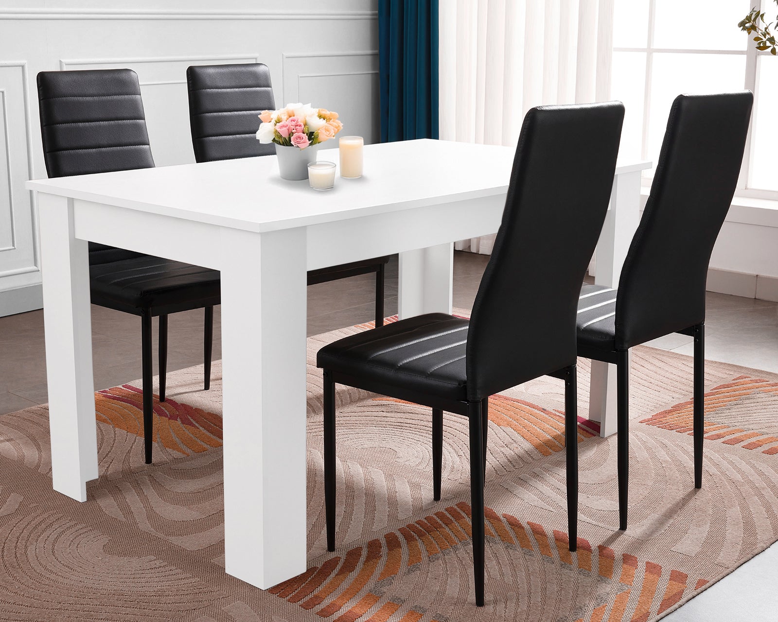 Compact dining table set for 4, ideal for small spaces, combining style and functionality. Perfect for modern homes.