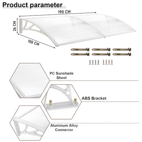 Door canopy flat with clear polycarbonate sheet, white ABS brackets, and mounting hardware.