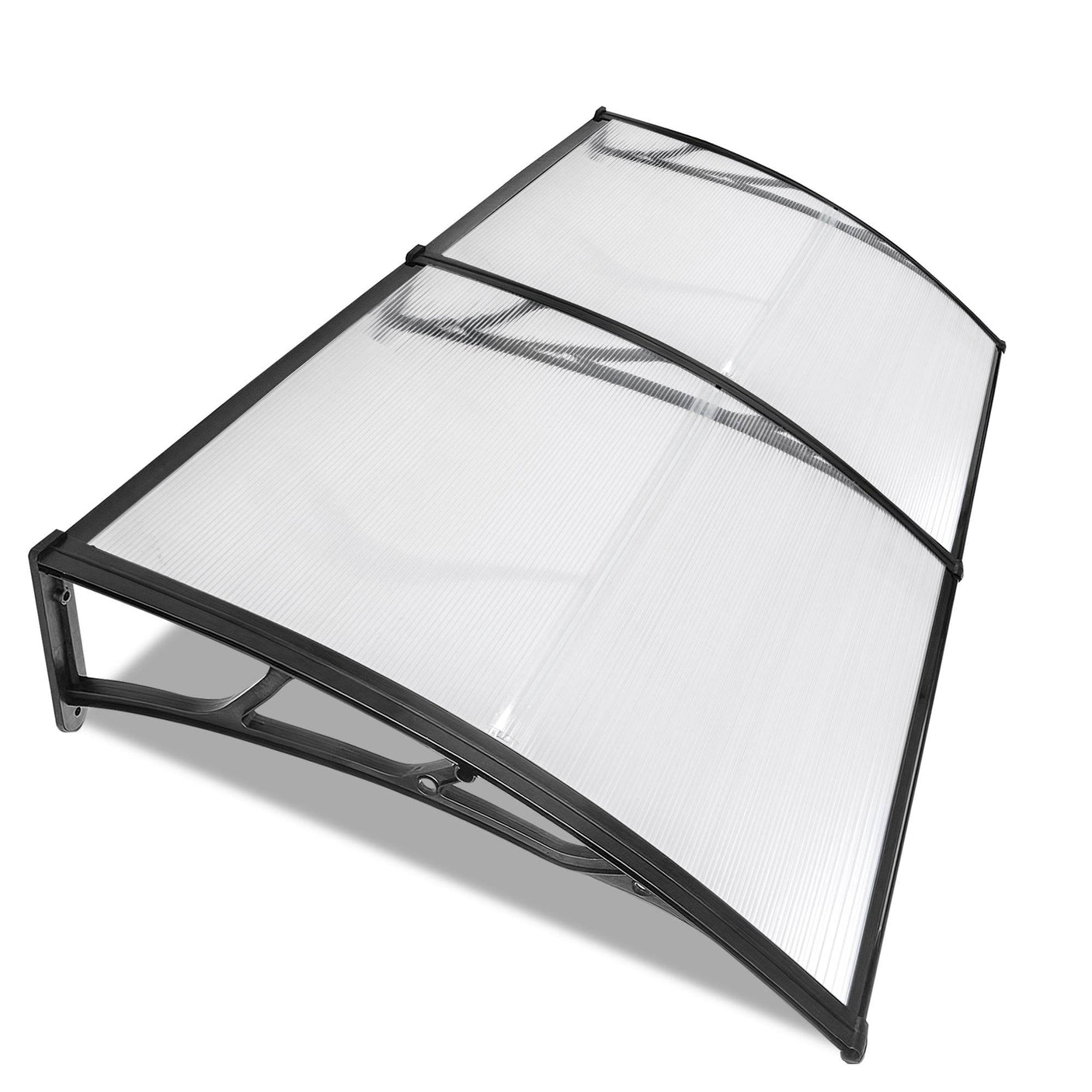 Door canopy for sale with transparent polycarbonate panels and black aluminium frame.
