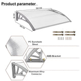 Door canopy installation with dimensions, polycarbonate sheet, ABS brackets, and fixings.