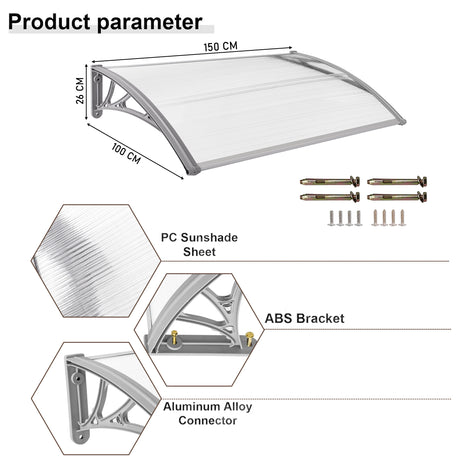 Door canopy installation with dimensions, polycarbonate sheet, ABS brackets, and fixings.