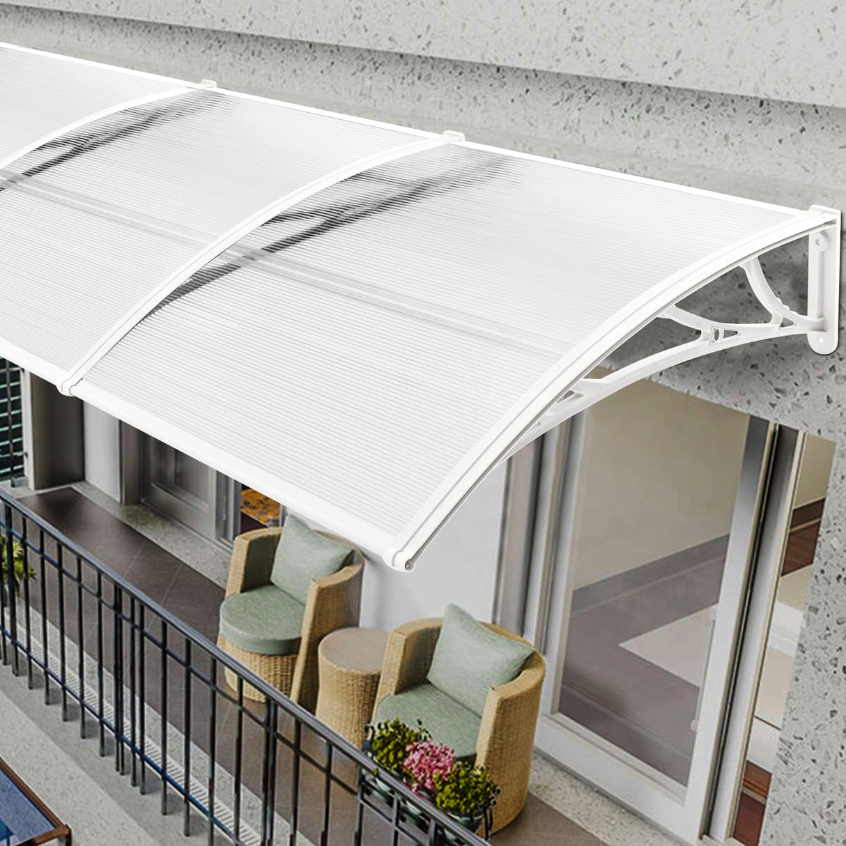 Large white door canopy for weather protection and enhanced entryway coverage.