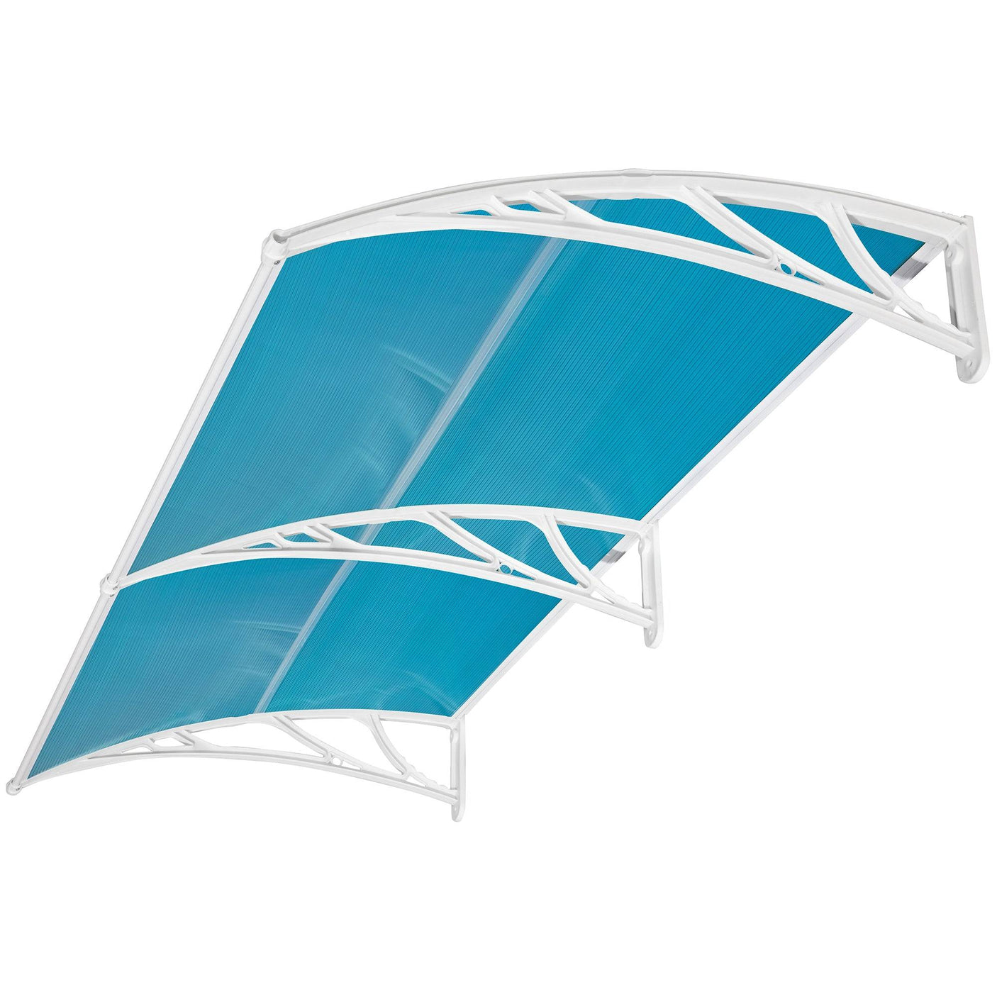 Door canopy modern with blue polycarbonate sheet and white ABS brackets for stylish entryway.