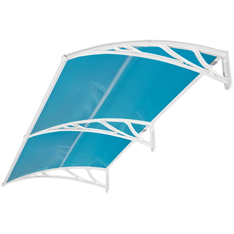 Door canopy modern with blue polycarbonate sheet and white ABS brackets for stylish entryway.