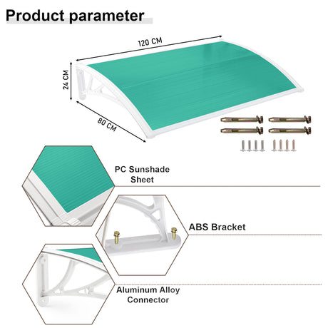 Door porch canopy uk with green PC sunshade, ABS brackets, aluminum alloy connectors.