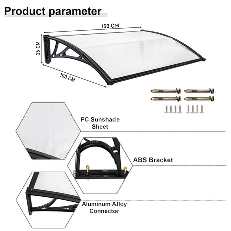 Door roof canopy with polycarbonate sheet, ABS brackets, and aluminum connectors.