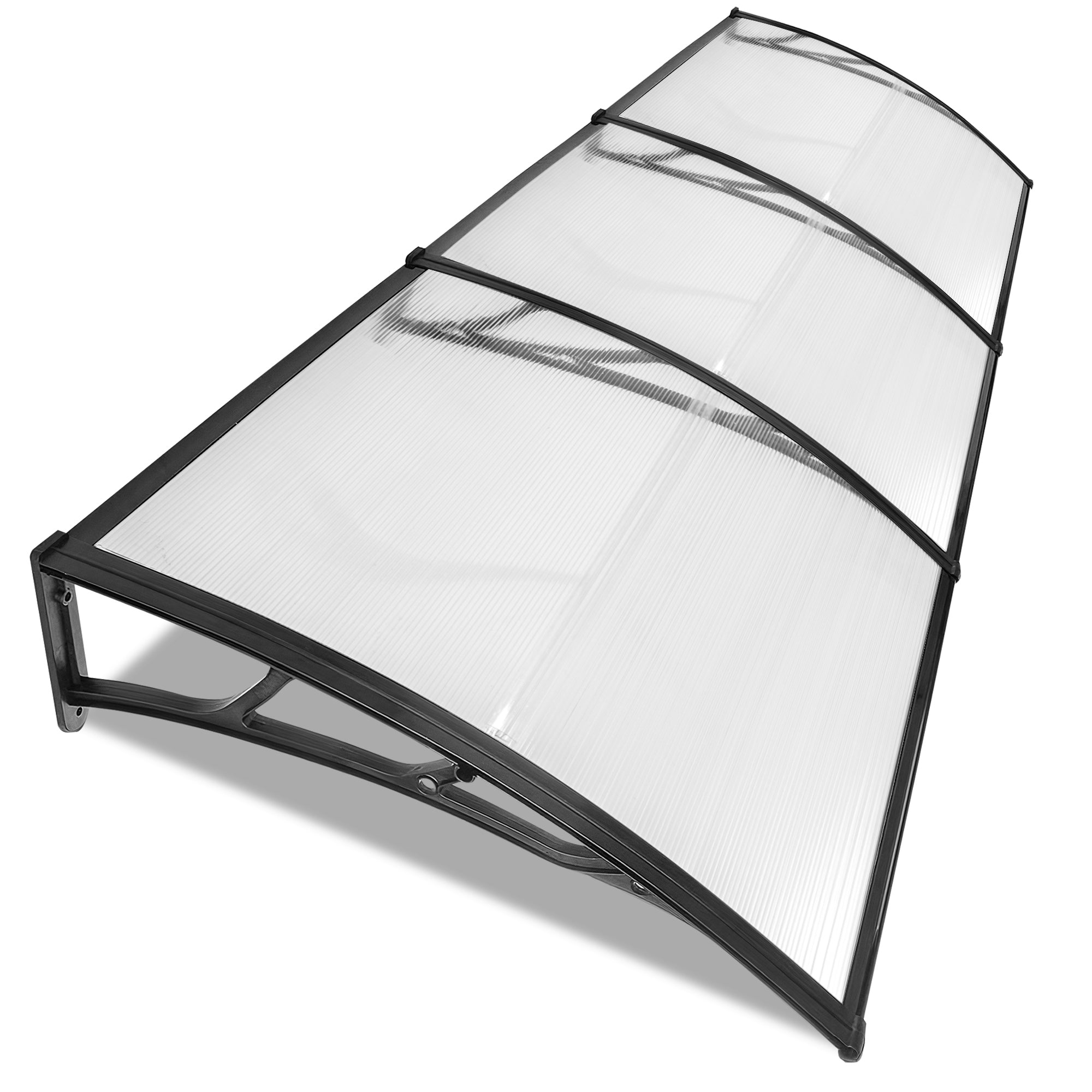 Doors canopy with a sleek black frame and clear polycarbonate panels for protection.