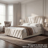Beige velvet ottoman double bed with a padded headboard and clean lines, positioned in a bright, airy bedroom