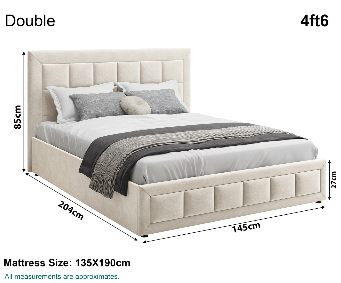 Double bed dimensions, 204cm x 85cm x 145cm, offering comfort and space.