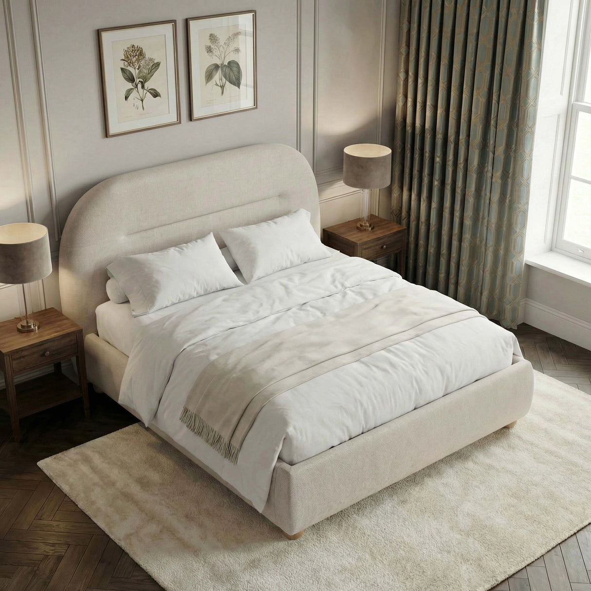 Corner top view of beige double bed frame showcasing the unique design and structure in a room