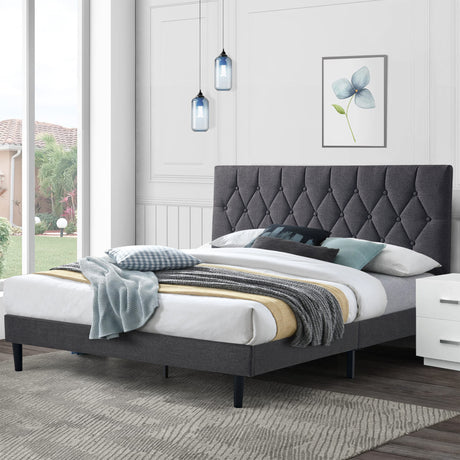 Double bed frame grey with tufted headboard in a modern bedroom with white decor.