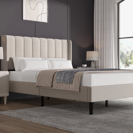 Vertical Line Velvet Upholstered Bed Frame in beige with channel tufted headboard and wooden slats, shown in double size for modern bedrooms.