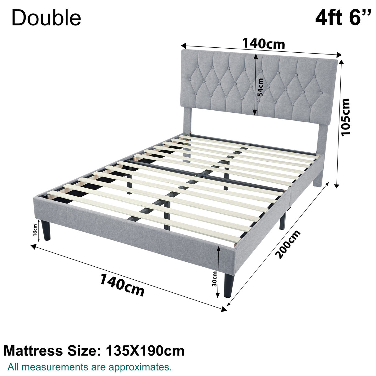 Double bed frame size 4ft 6in with dimensions and mattress size 135x190cm.