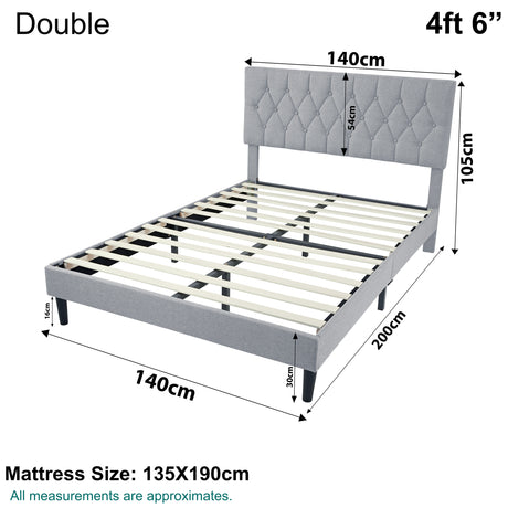 Double bed frame size 4ft 6in with dimensions and mattress size 135x190cm.