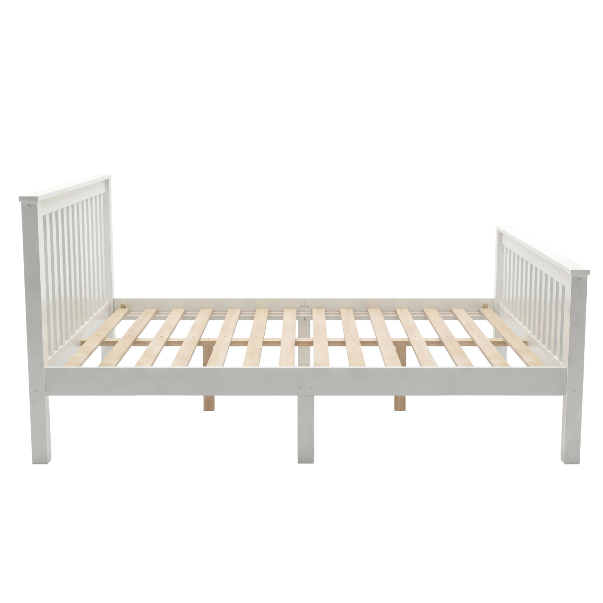 Double bed frame constructed from solid pine wood with a visible slatted base and central support legs