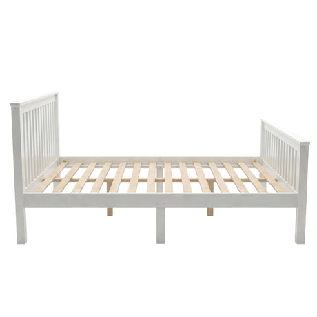 Double bed frame constructed from solid pine wood with a visible slatted base and central support legs