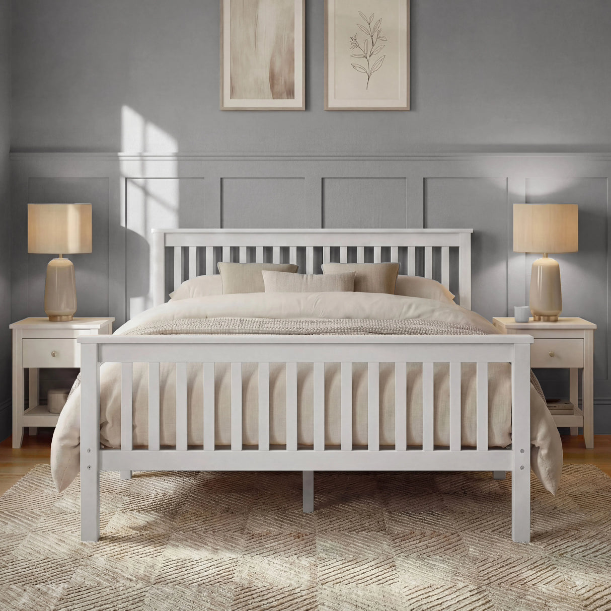 White wooden double bed frame with slatted rails, soft bedding, and matching bedside furniture in a balanced bedroom layout