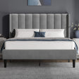 Vertical Line Velvet Upholstered Bed Frame in grey with channel tufted headboard, shown in double size with wooden slats and modern bedroom decor.