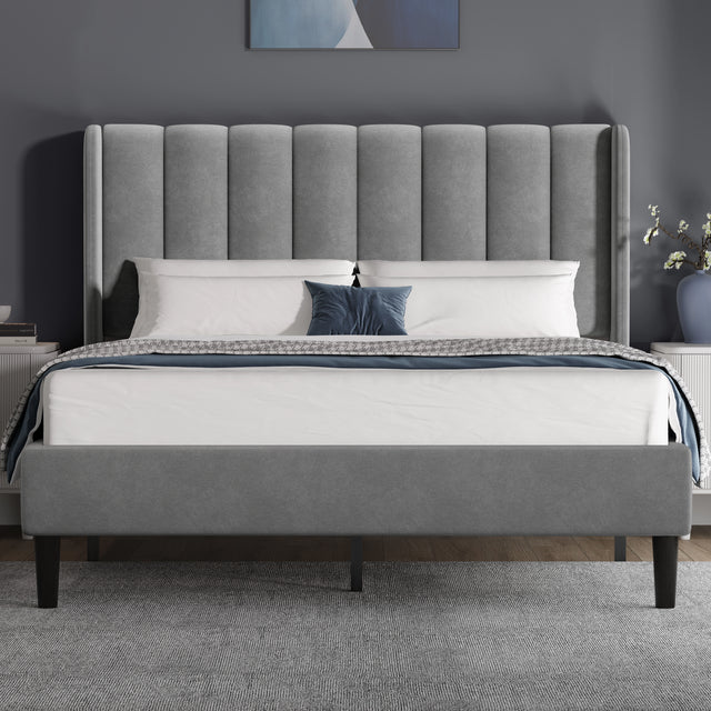 Vertical Line Velvet Upholstered Bed Frame in grey with channel tufted headboard, shown in double size with wooden slats and modern bedroom decor.